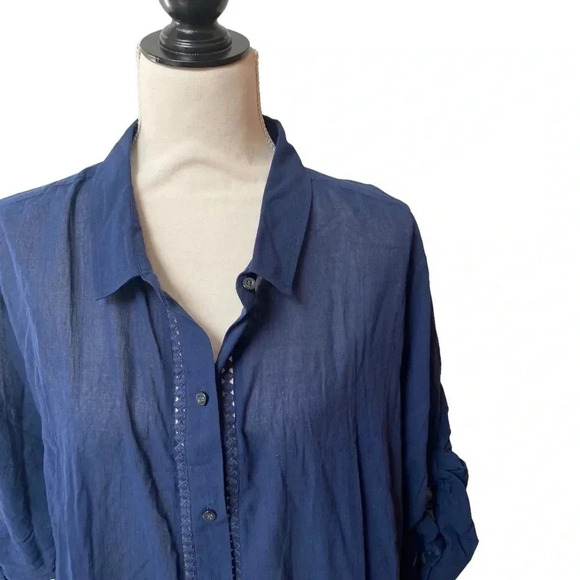 Lands’ End Navy Cotton Tunic Coverup 1X 2X Embroidered Button Front Beach - Picture 2 of 15